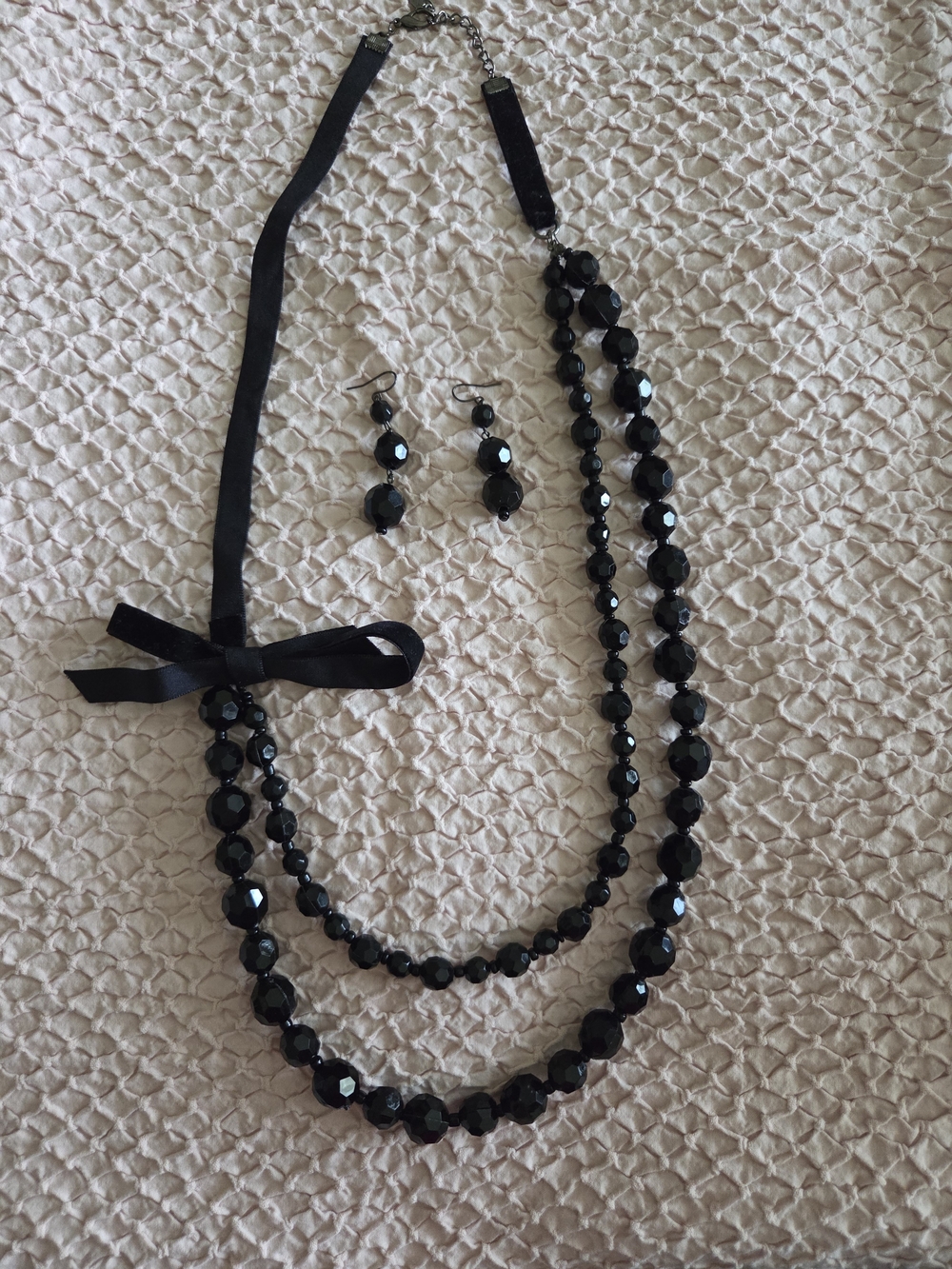 Black Beaded Ribbon Necklace and Earrings Set